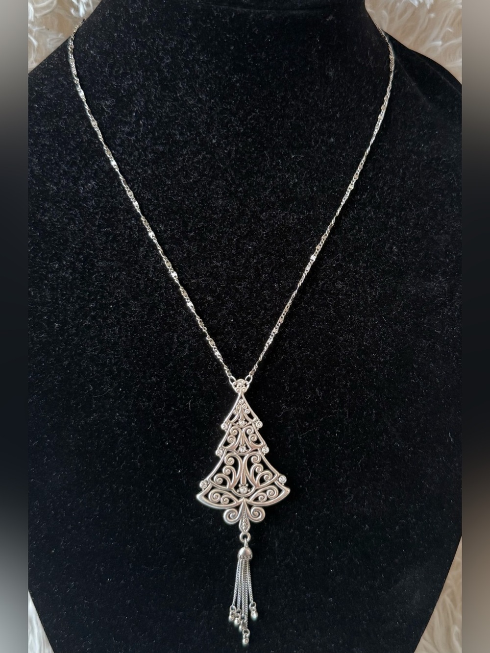 Brighton Silver Filigree Christmas Tree Pendant Necklace Holiday Rhinestone